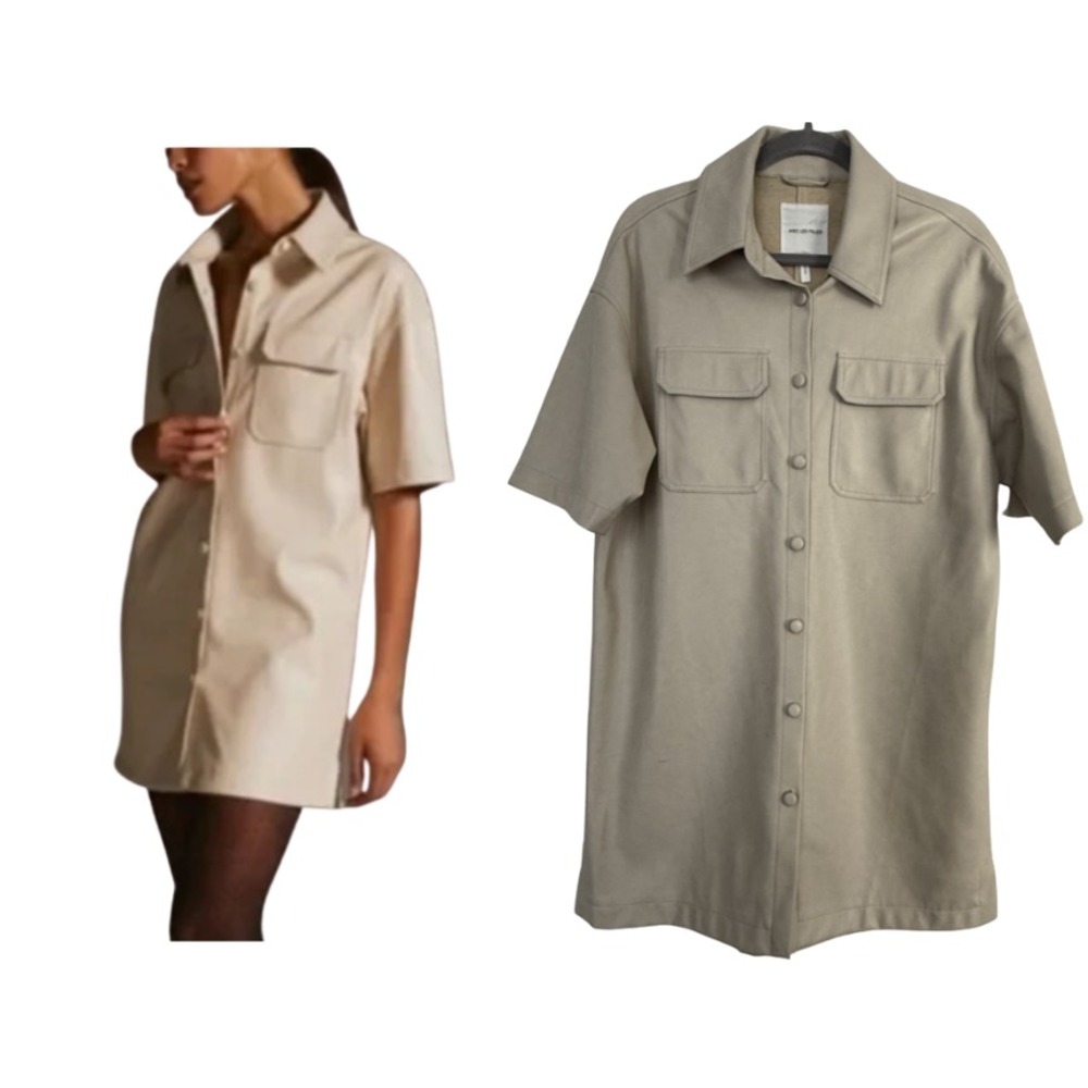 Avec Les Filles Women's Small Faux Leather Shirtdress Cream ShortSleeve EUC $139
